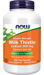 NOW Foods Silymarin milk thistle bottle highlighting double-strength formula for liver support.