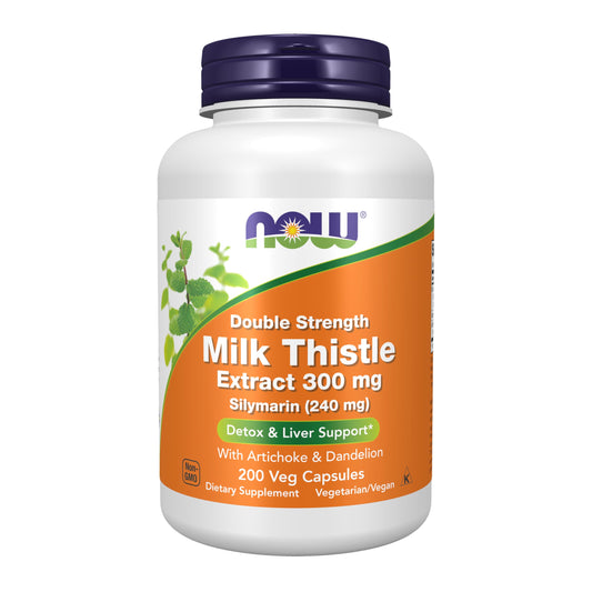 NOW Foods Silymarin Milk Thistle Extract bottle demonstrates easy daily liver support.