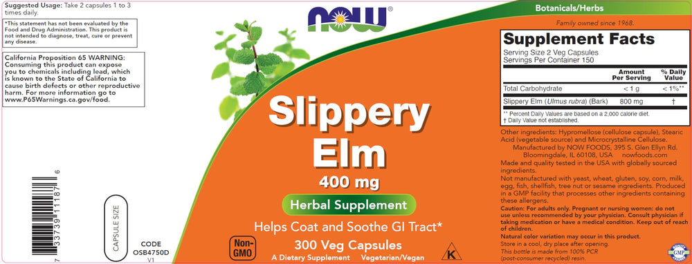 NOW Foods Slippery Elm capsules pour action easy to take when needed