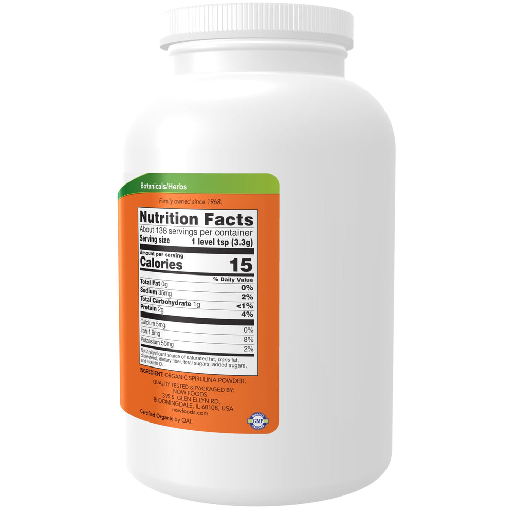 NOW Foods Spirulina powder label close-up, beta-carotene and B-12 highlighted