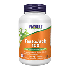 NOW Foods TestoJack 100 bottle on shelf, supports healthy sexual activity and vitality.