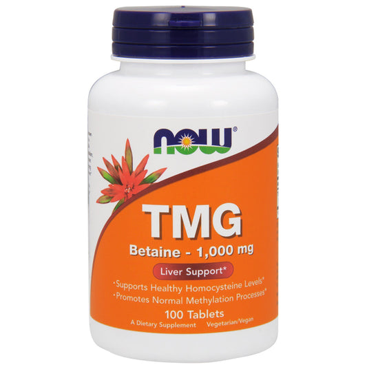 NOW Foods TMG 1000mg bottle label shows vegetarian formula and quality.