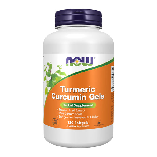 NOW Foods turmeric curcumin softgels 120-count bottle with standardized 95% curcuminoids ensures easy absorption.