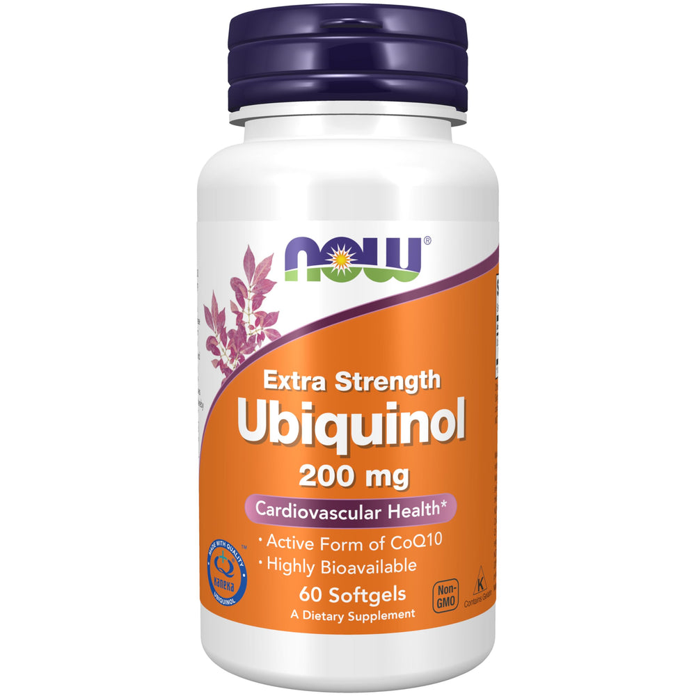 NOW Foods Ubiquinol 200 mg softgel bottle front view highlighting high bioavailability formula