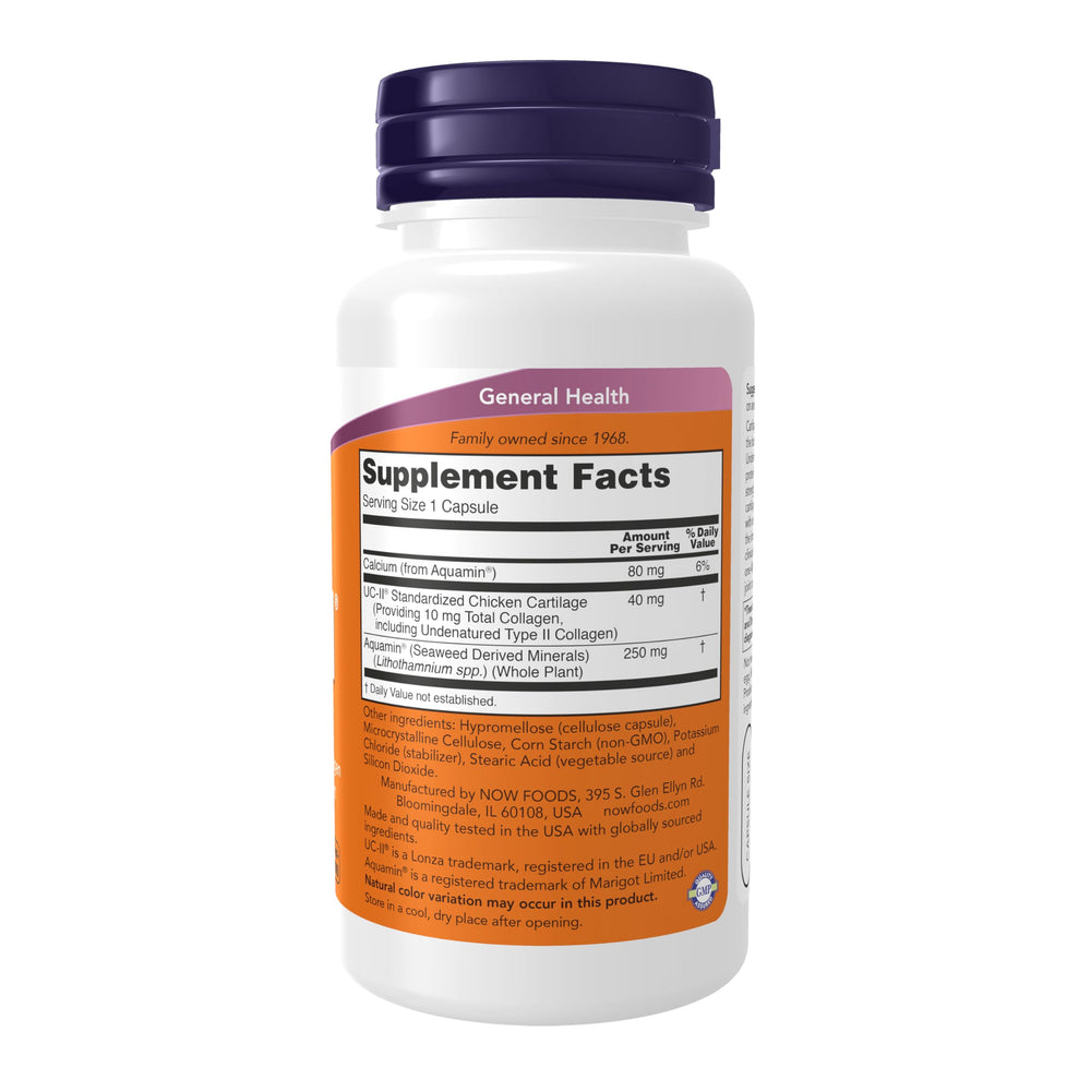 NOW Foods UC-II label detail highlighting undenatured collagen source from chicken sternum for joint health