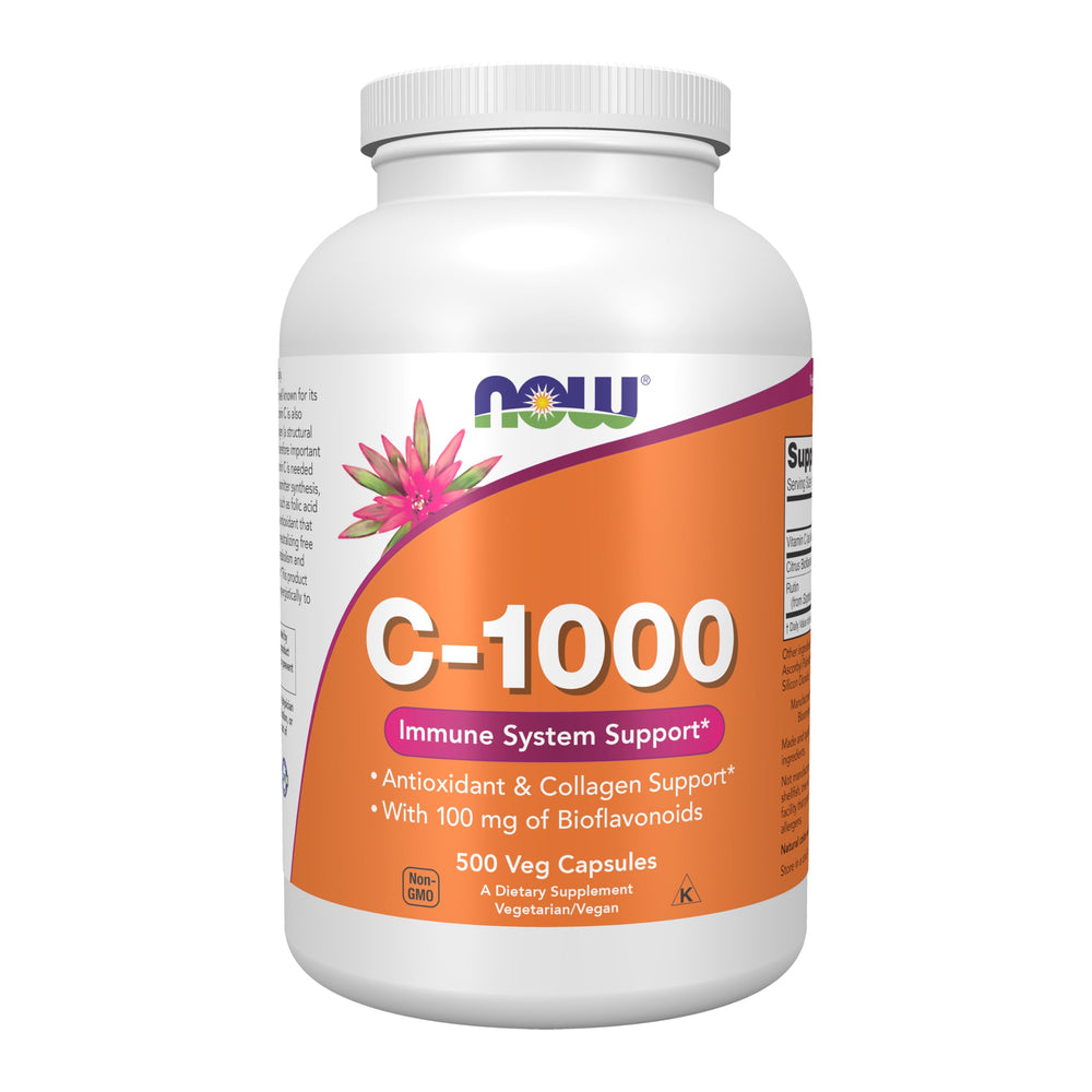 NOW Foods Vitamin C-1000 with bioflavonoids bottle close-up showing capsules for antioxidant support