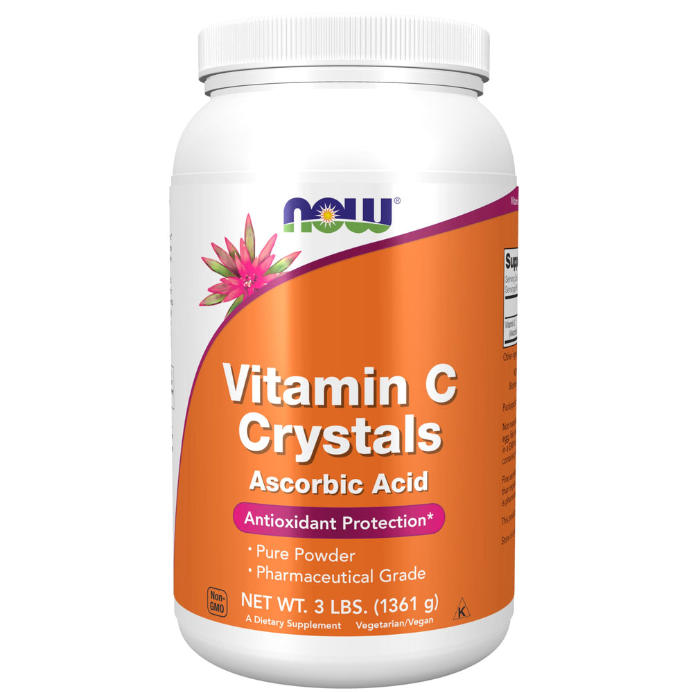 NOW Foods Vitamin C Crystals jar with powder texture for easy mixing