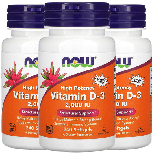 NOW Foods Vitamin D-3 softgels bottle close-up for daily bone support.