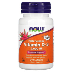 NOW Foods Vitamin D-3 softgels close-up emphasizing easy-to-swallow capsules.