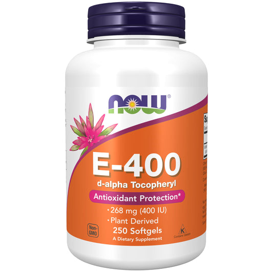 NOW Foods Vitamin E-400 IU softgels in bottle for daily antioxidant support.