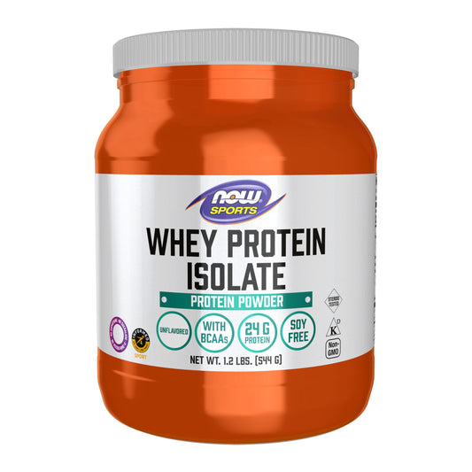 NOW Foods Whey Protein Isolate powder in a jar, convenient protein for workouts.