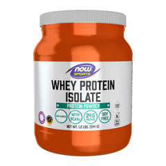 NOW Foods Whey Protein Isolate powder in a jar, convenient protein for workouts.