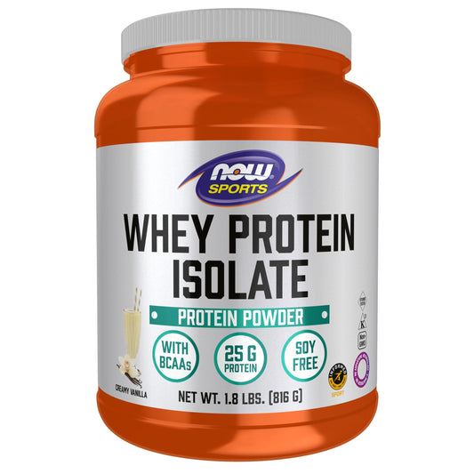 NOW Foods Whey Protein Isolate vanilla powder bottle highlights high BV protein for post-workout support