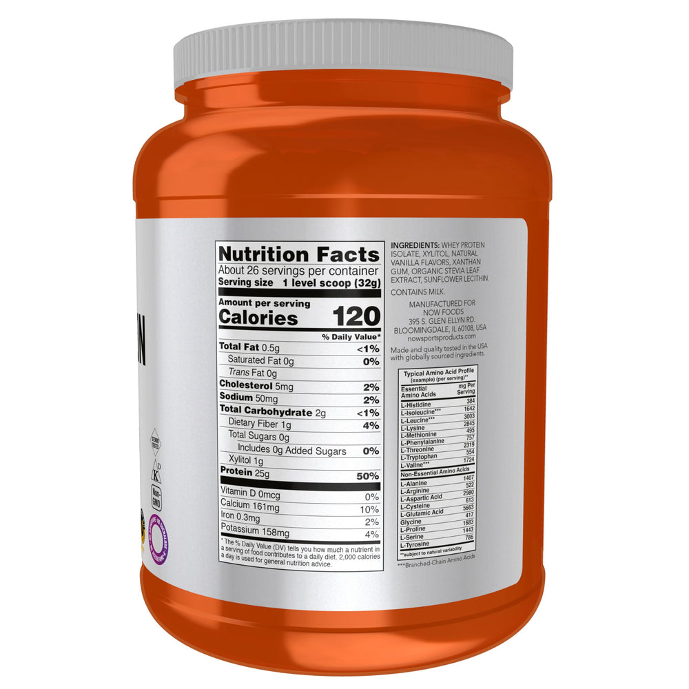 NOW Foods Whey Protein Isolate vanilla scoop closeup emphasizes fast digestion and rich flavor