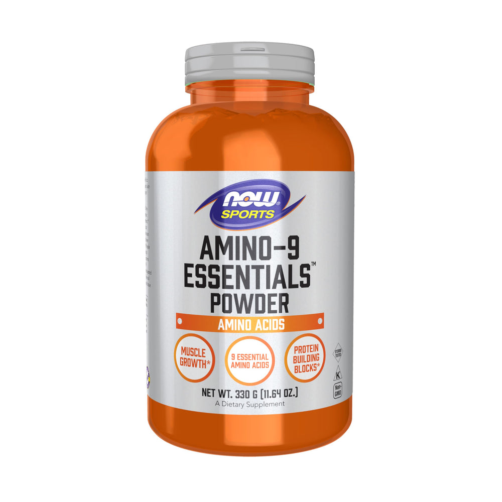 NOW Foods Amino-9 Essentials powder tub—free-form amino acids for versatile daily protein support.