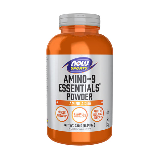 NOW Foods Amino-9 Essentials powder tub—free-form amino acids for versatile daily protein support.