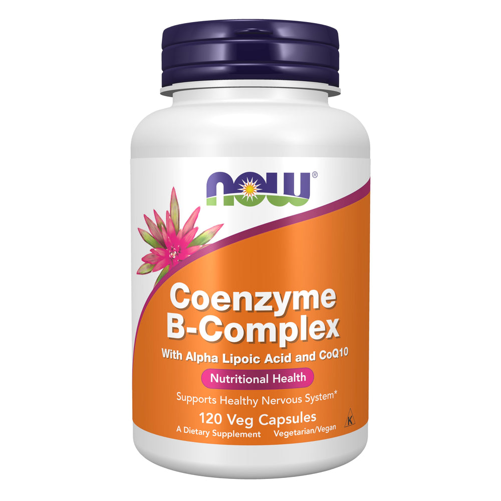 NOW Co-Enzyme B-Complex bottle highlighting energy support and active B vitamins.