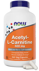 NOW Foods Acetyl-L-Carnitine 500mg capsules bottle front view for quality