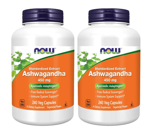 NOW Foods Ashwagandha bottle front, 450 mg capsules for daily balance.