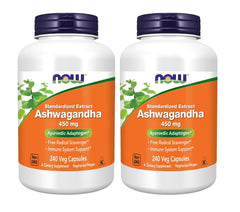 NOW Foods Ashwagandha bottle front, 450 mg capsules for daily balance.