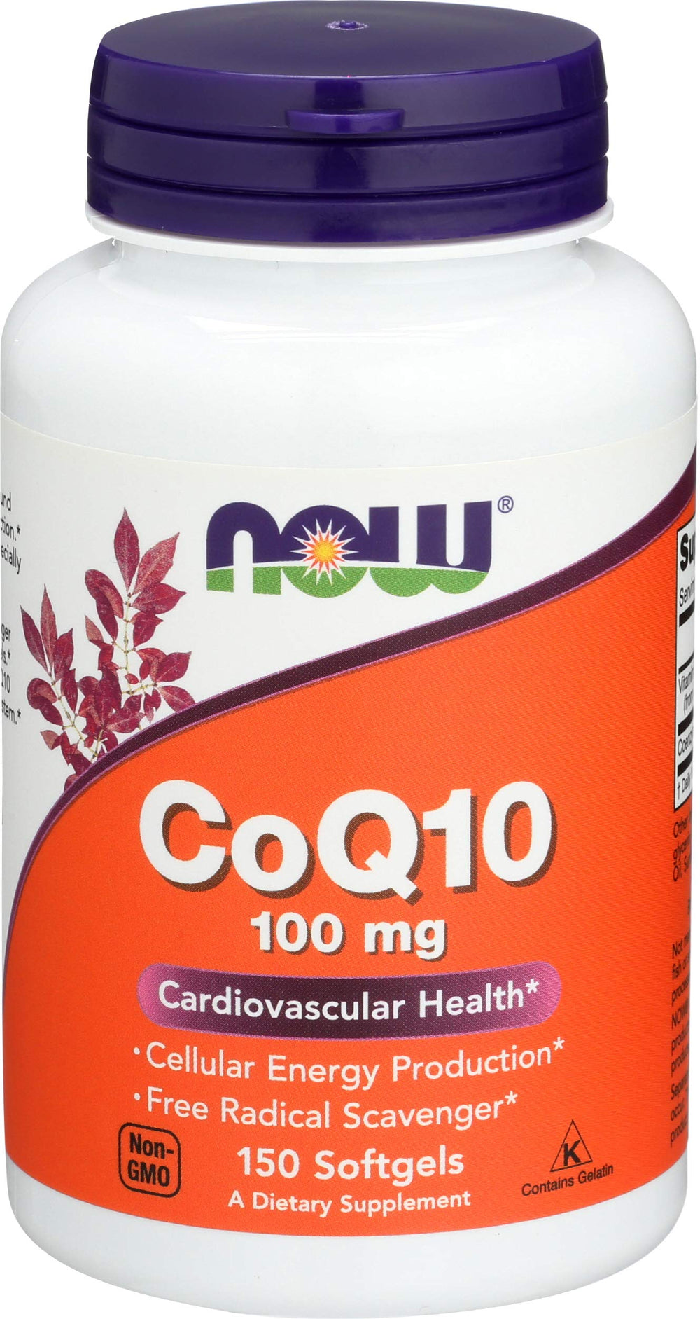 NOW Foods CoQ10 100mg soft gels bottle front supports cellular energy and heart health