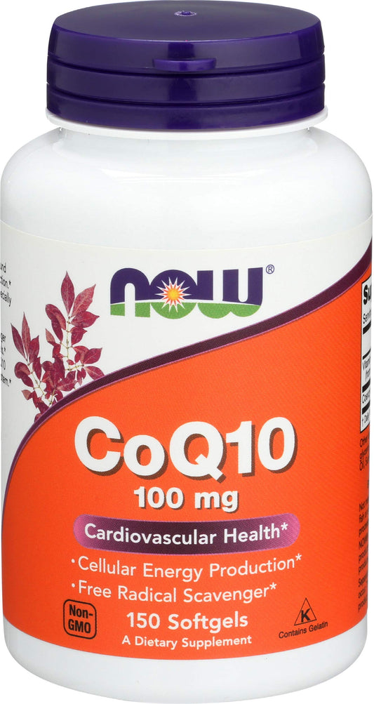 NOW Foods CoQ10 100mg soft gels bottle front supports cellular energy and heart health