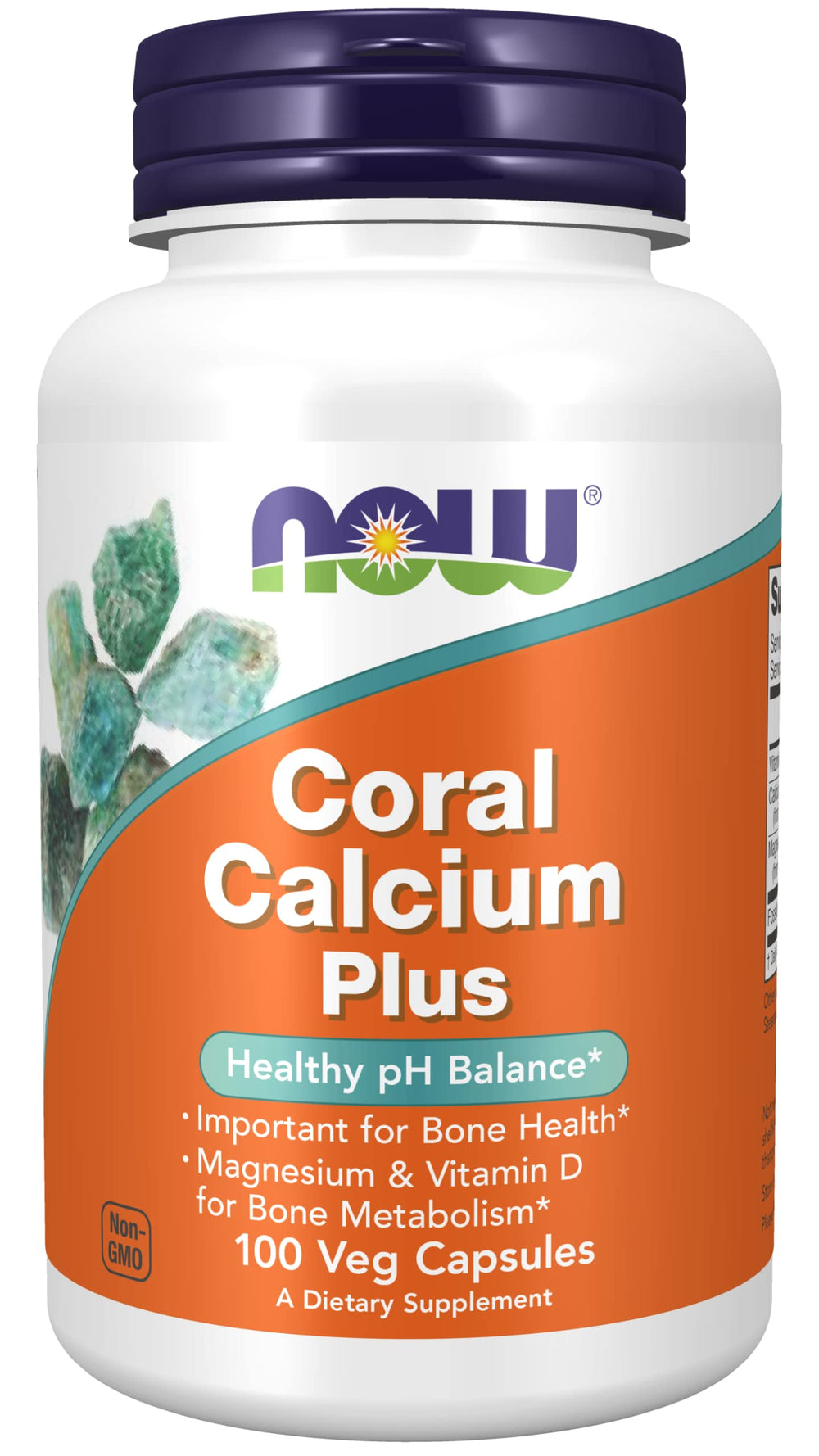 NOW Foods Coral Calcium Plus Magnesium bottle displaying eco-friendly formulation for bone support.
