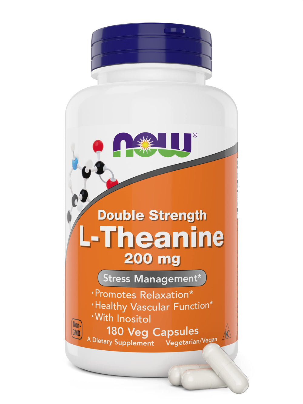 NOW Foods L-Theanine 200 mg capsules bottle promoting calm focus.