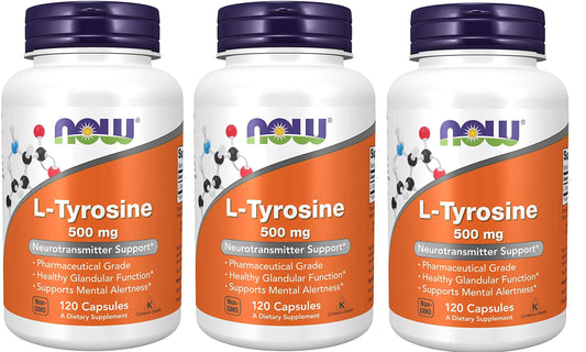 NOW Foods L-Tyrosine 500 mg bottle showing capsules for mood and focus support.