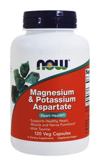 NOW Foods Magnesium and Potassium Aspartate bottle front view, supports daily electrolyte balance.