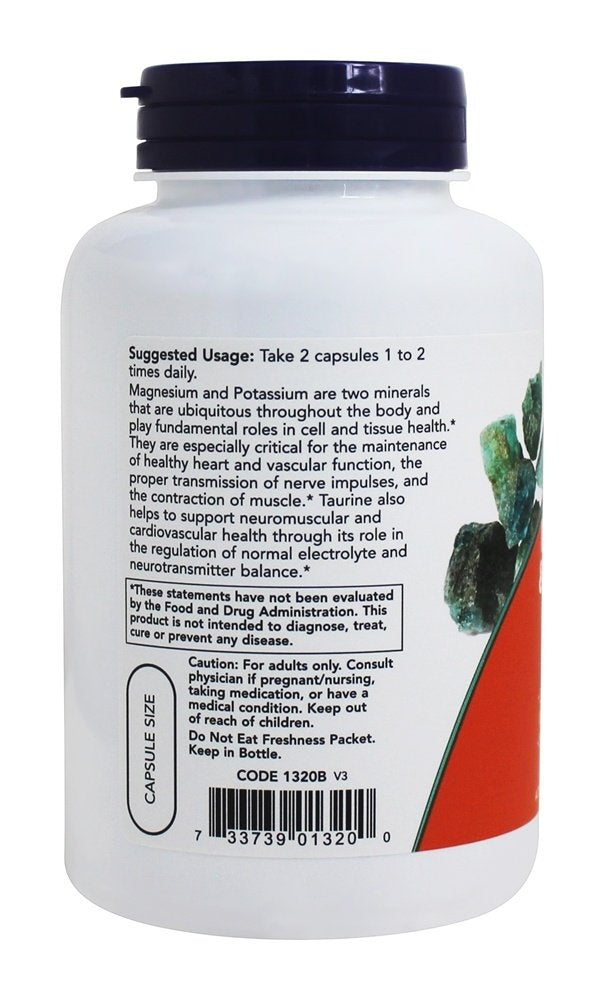 NOW Foods Magnesium and Potassium Aspartate bottle with capsules, unflavored for versatile use.