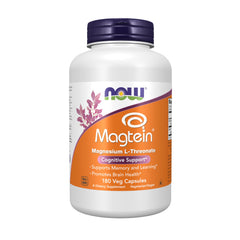 NOW Foods Magtein capsules highlighting brain health and memory support.