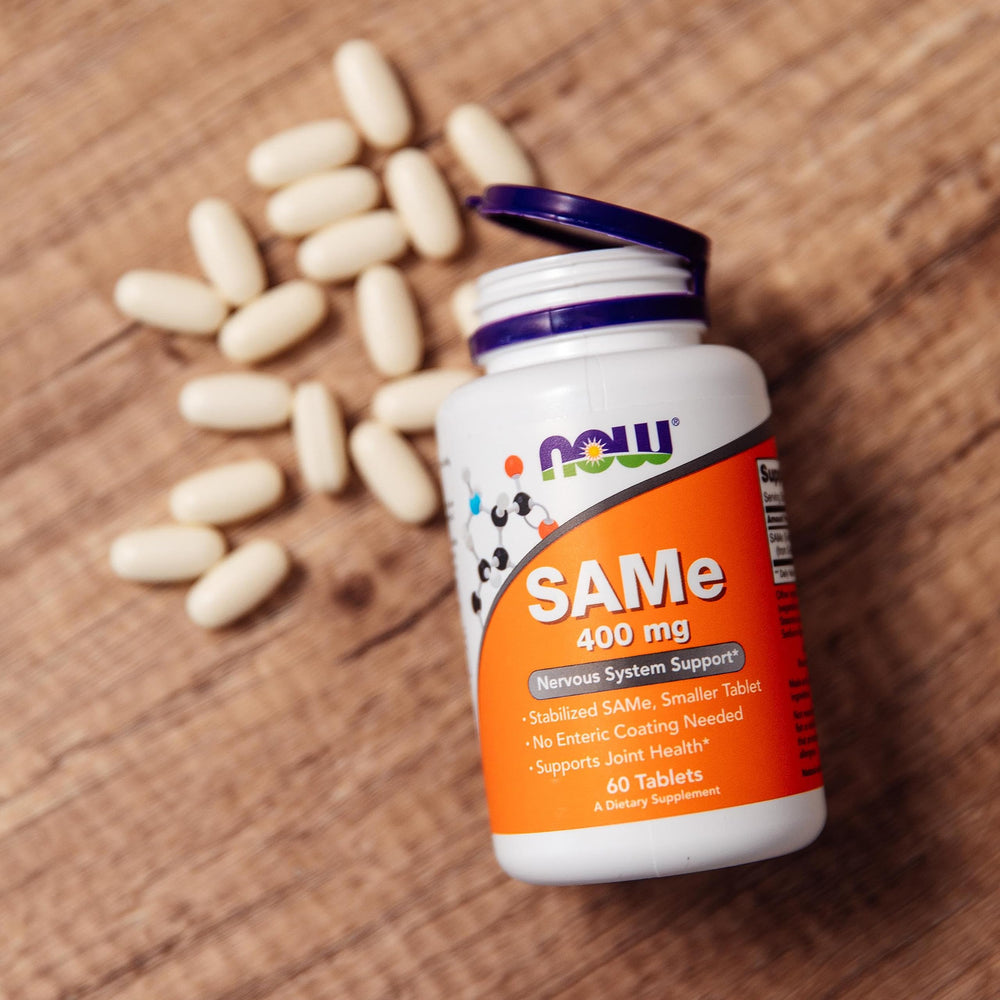 NOW Foods SAMe GMP-certified quality label indicating rigorous testing.
