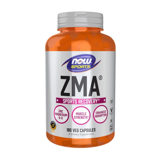 NOW Foods ZMA bottle front displaying brand for athletic recovery support.