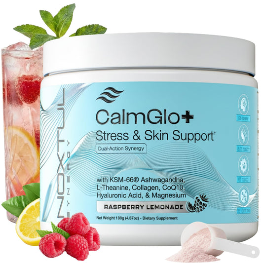 Noxtul Raspberry Lemonade powder poured into a glass for daytime calm and focus.