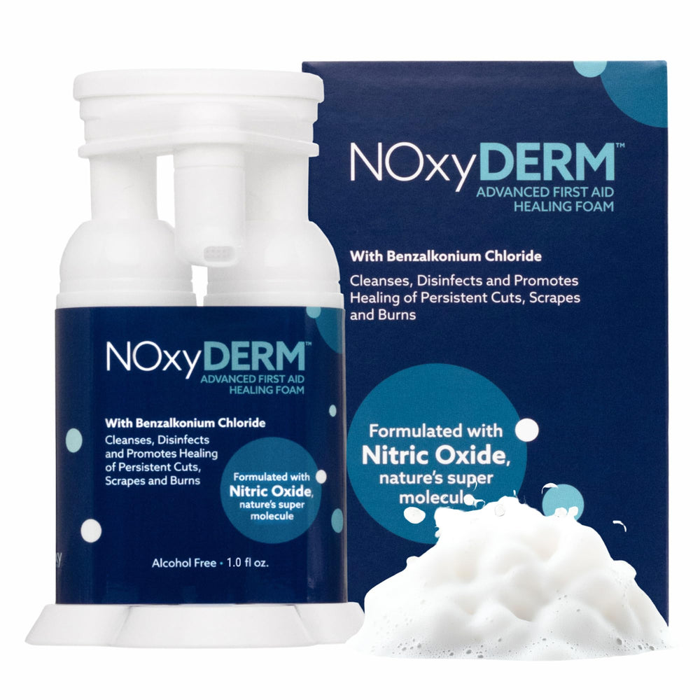 NOxyDERM premium foam bottle for easy antiseptic application on minor wounds.