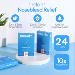 NozeCalm nosebleed plug close-up shows non-stick surface for painless removal