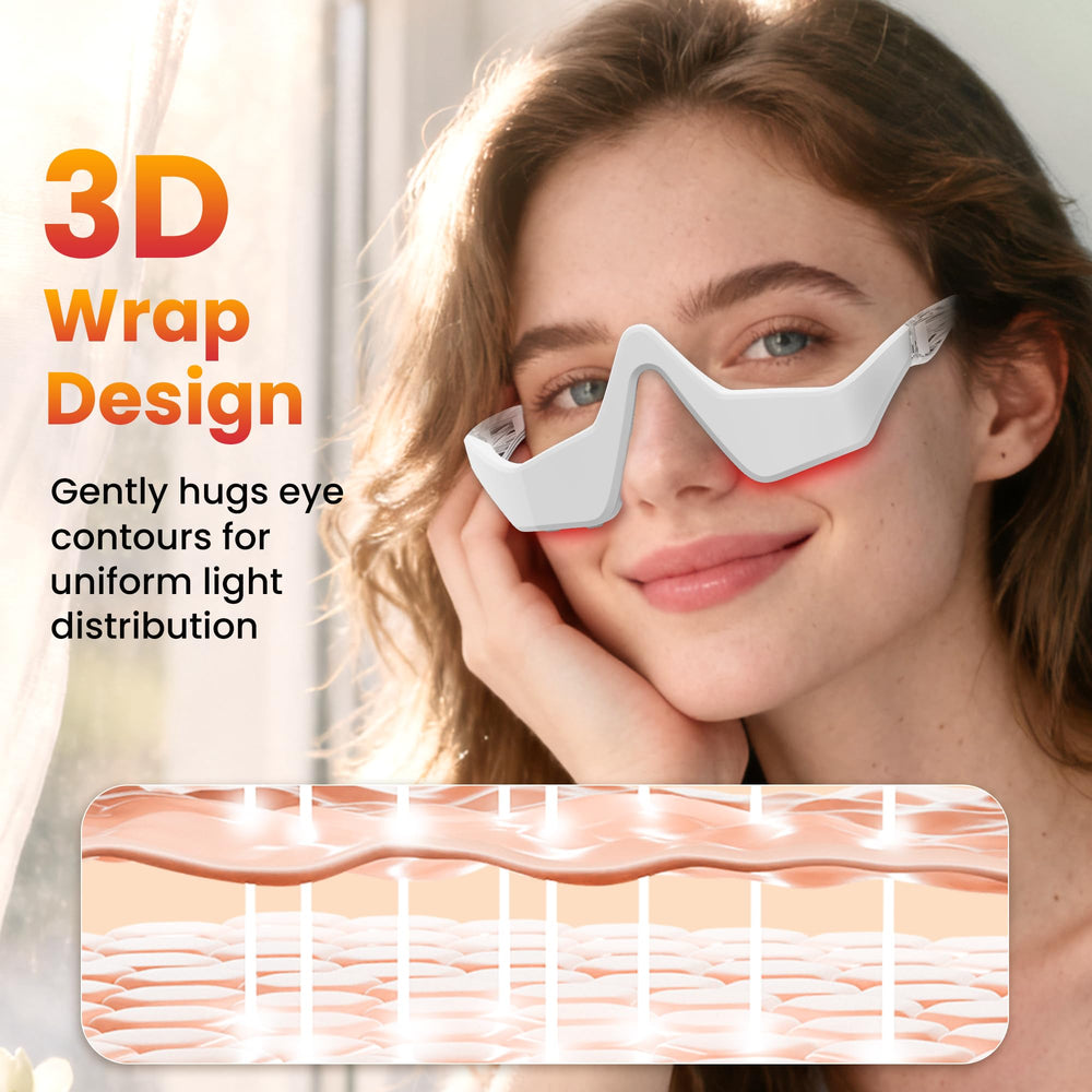 Npccto under-eye red light glasses close-up highlighting compact, portable design.