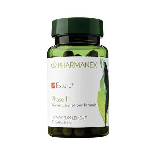 Nu Skin Estera Phase II bottle with capsules promoting daily hormonal balance.