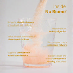 A glass of water with Nu Biome being stirred for caffeine-free wellness.