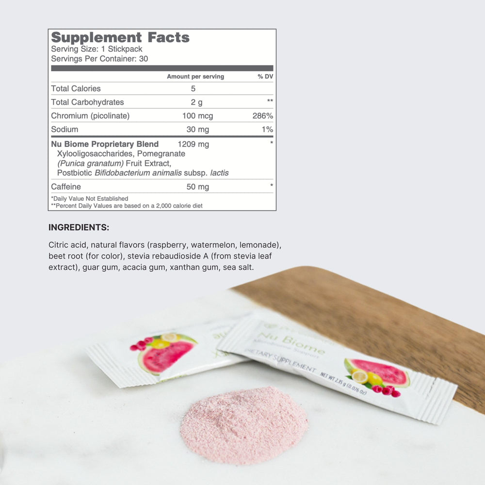 Taste-ready shot of Nu Skin Pharmanex Nu Biome Watermelon Raspberry Lemon.