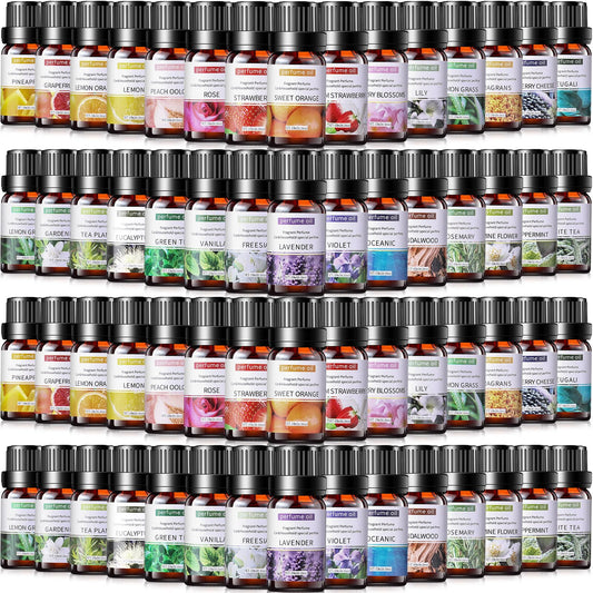 Nuanchu 60 essential oils packaging display with organized bottles for easy selection