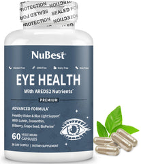 NuBest AREDS2 eye vitamins bottle closeup for daily eye health support.