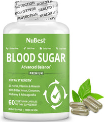 NuBest Blood Sugar Advanced Formula bottle for convenient daily balance support.