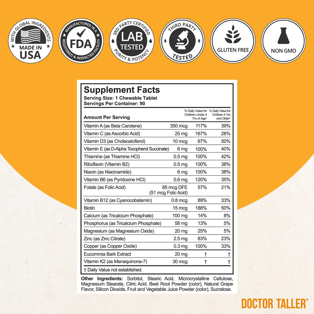 NuBest Doctor Taller Kids chewable tablets grape close-up highlights a kid-friendly texture.