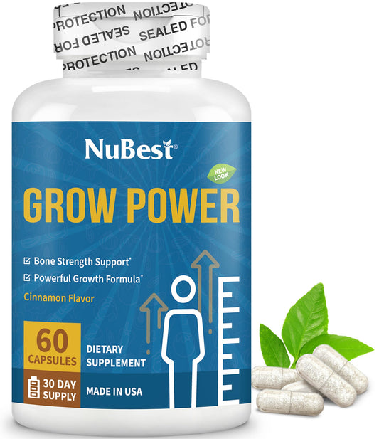 NuBest Grow Power bottle cap close-up highlighting bone-support formulation and easy daily use.