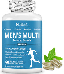 NuBest multivitamin for men bottle front shows daily energy and wellness
