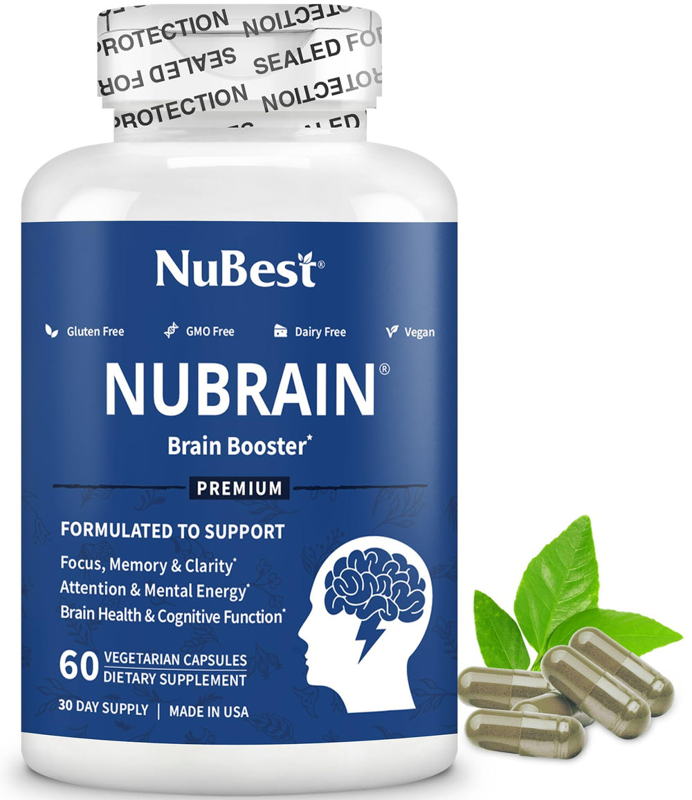 NuBrain Booster bottle front highlights brain support formula for clarity
