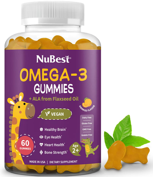 NuBest Omega-3 Gummies kids orange bottle close-up for tasty daily brain support.