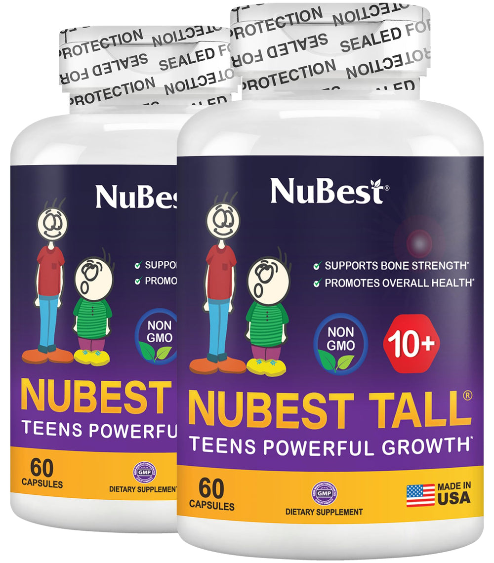 NuBest Tall 10+ bottle front shows a trusted bone support supplement for growing children.
